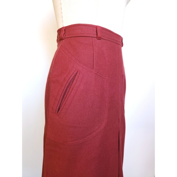 60s 70s Bordeaux WOOL Skirt with POCKETS High Waisted Skirt - Boho Mod XXS - Picture 7 of 8